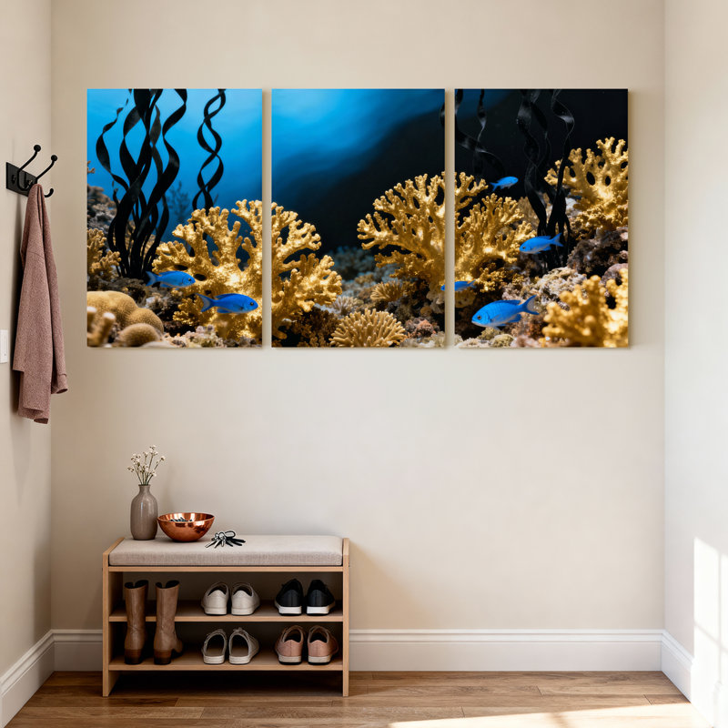 Ensemble de 3 impressions sur toile récif de corail sous-marin avec poisson bleu, H 24 po x l 48 po