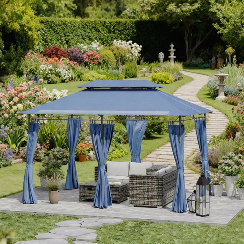 Pavillon de jardin, double toit pour l'extérieur avec rideaux