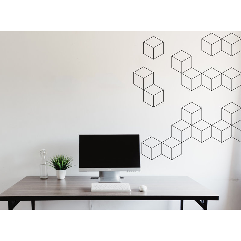 Adhésif décoratif moderne en forme de cube géométrique - vinyle 3D au trait pour le salon, le bureau ou la chambre à coucher - murale minimaliste 128Lu