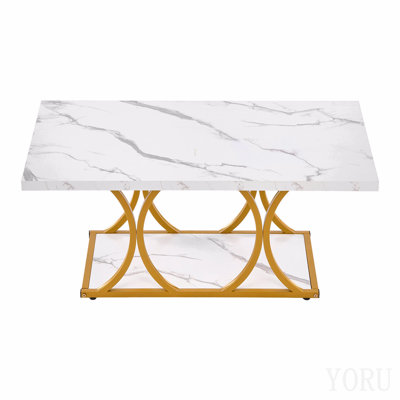 Table basse, table basse moderne en faux marbre, grand bureau central rectangulaire à 2 niveaux avec pieds géométriques, bureau d'appoint minimaliste robuste en métal pour le salon, le bureau, facile à assembler, blanc