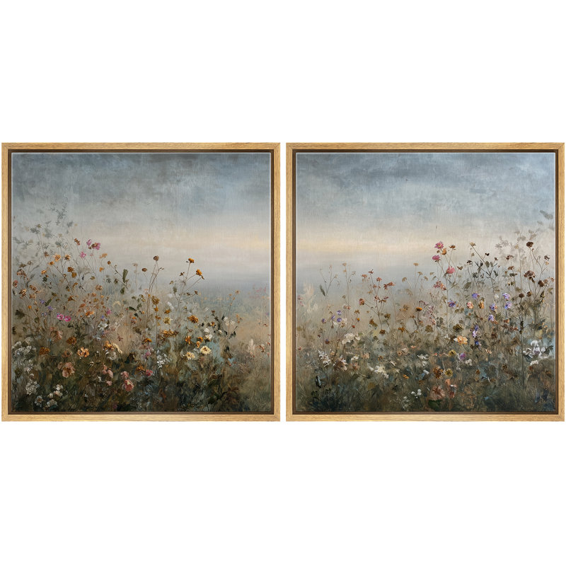 Soft Horizon Wildflower Field Landscape Floral Wall Decor Framed Master Bedroom Wall Art Work 2 Pieces Print, 16" H x 16" W