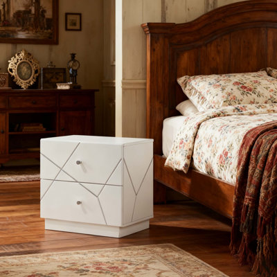 Ultra Modern White Finish Stylish Nightstand with 2x Drawers Embossed Lines Design Contemporary Bedroom Furniture 1pc Bedside Cabinet