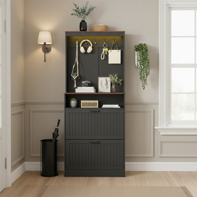 Farmhouse Shoe Cabinet With 2 Flip Drawers & Coat Rack, 2 In 1 Hall Tree With Hidden Shoe Storage Cabinet, Narrow Shoe Rack Cabinet For Entryway, And Hallway, Rustic Black