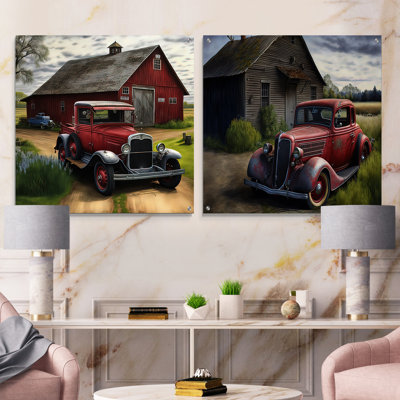 30S Ford Car In Barn I - Car Old American Art mural en verre acrylique, ensemble de 2