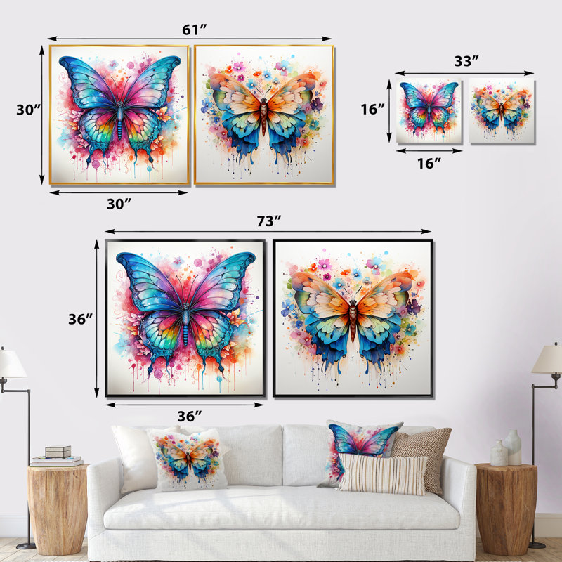«Colorful Butterfly I», ensemble de 2 impressions sur toile d'insectes et d'insectes, H 36 po x l 73 po x P 1,5 po