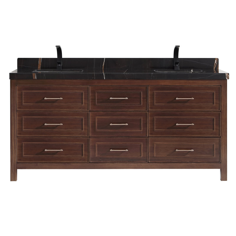 72" EBONY DOUBLE SINK VANITY DARK FINISH WITH WK-72 TOP 2" THICK BLACK NATURAL TOP, Walnut, Black