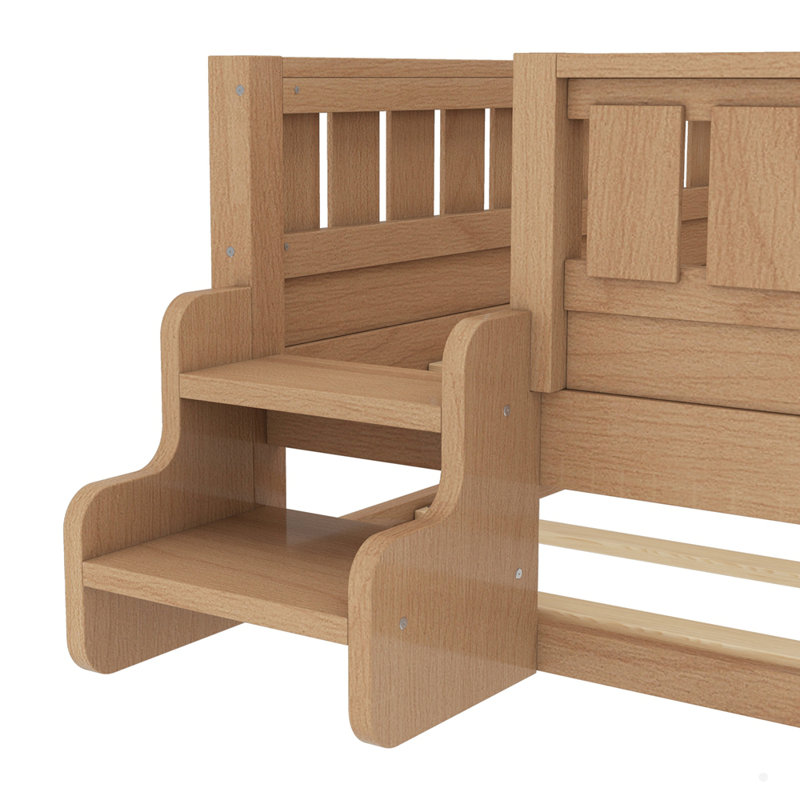 Wooden Bed With Built-In Bookshelves And Trundle, Natural, Twin