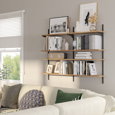 Tablette murale flottante 48 po x 6 po, étagère suspendue pour fournitures de bureau, étagère de salon, étagère boho décorative, décor de maison de campagne, planches en bois véritable, fixation murale, 4 niveaux, brûlé