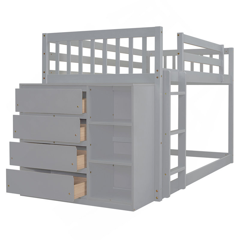 Lit superposé simple au-dessus de simple avec 4 tiroirs et 3 tablettes, Gris