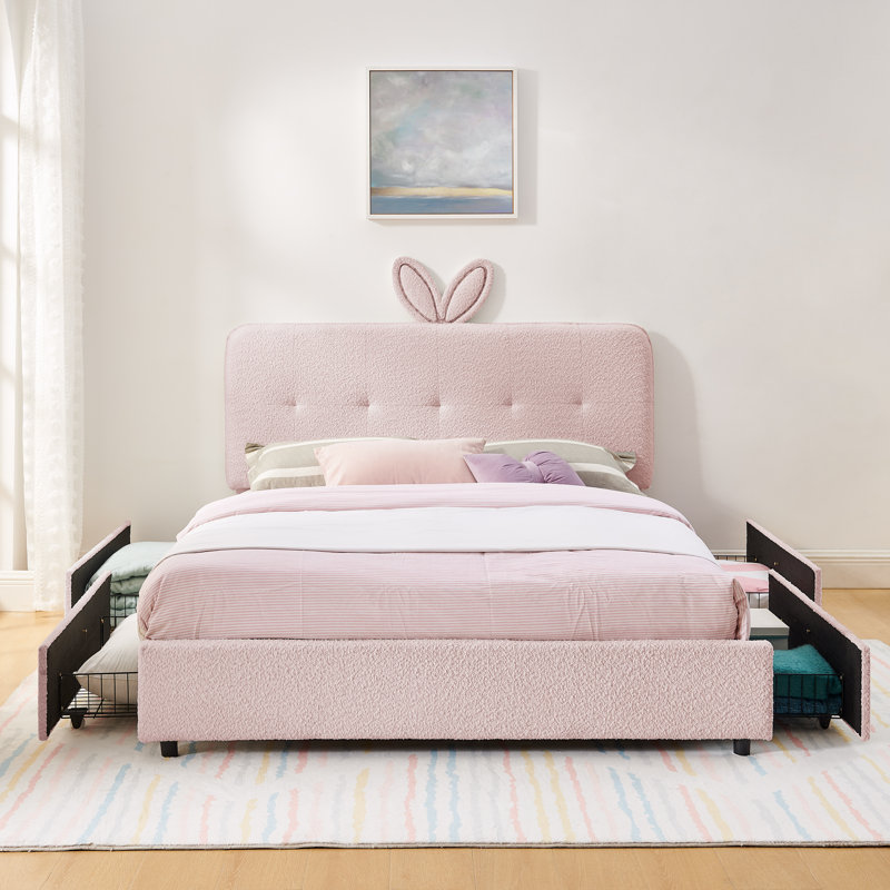 Grand lit tapissier pour enfant avec tête de lit surdimensionnée, lumière DEL et 4 tiroirs de rangement, tissu bouclé, Rose