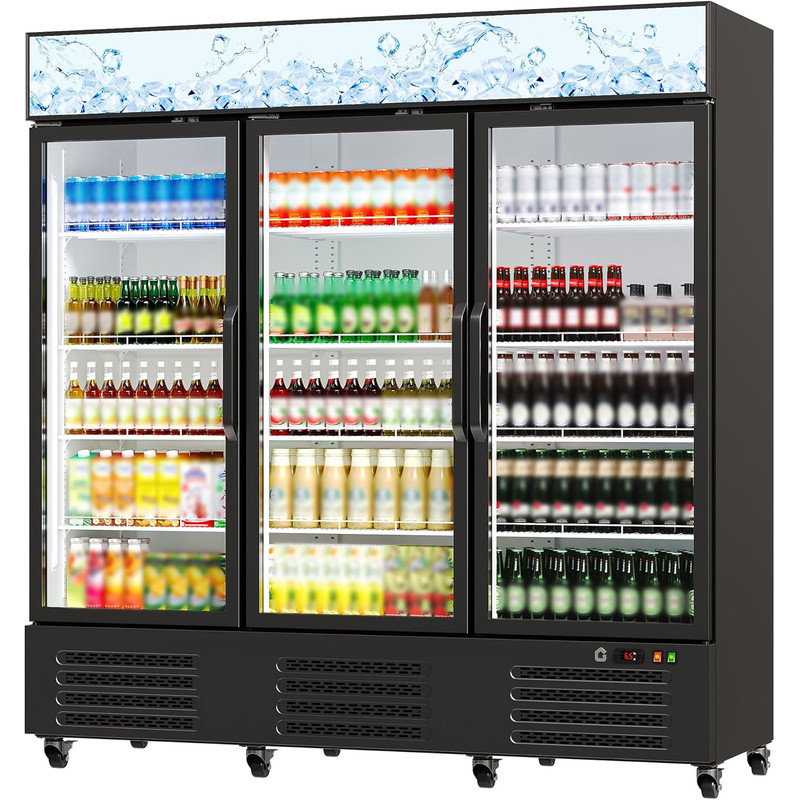 54.3 Cu.Ft. 3 Door Commercial Beverage Cooler, Frost-Free Display Refrigerator with 360° Cooling & Soft LED Light, Black
