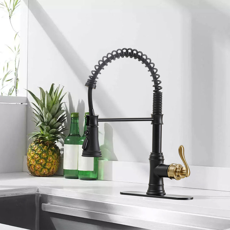 Kitchen Sink Faucet With Deck, High Arc Single Handle Pull-Down Sprayer, Three Spray Modes Kitchen Faucet, Black/Brushed Gold
