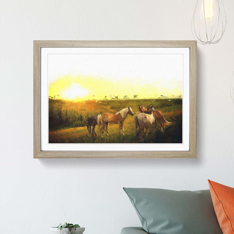 Sunset over the Horses - Picture Frame Painting Print, Oak Framed, 36cm H x 48cm W x 2cm D