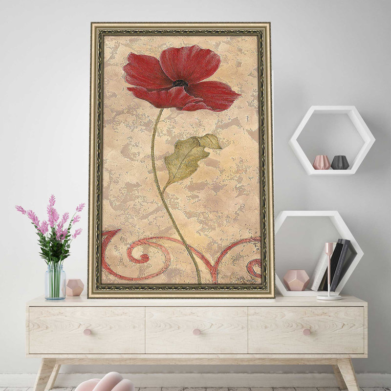 Poppy Passion I - Peinture, Encadrement champagne, H 27,5 po x l 21,5 po x P 0,75 po