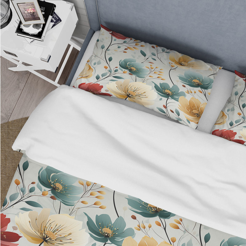 Literie Hasim multicolore à motif floral minimaliste, Housse de couette pour très grand lit et 2 très