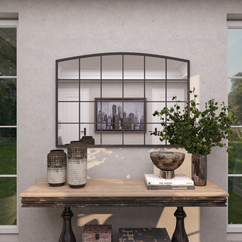 Haider Glass and Metal Arched Window Pane Inspired Wall Mirror, Matte Black, Window Pane, 34" x 48"