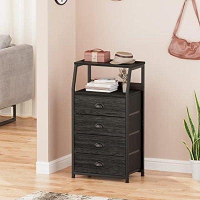 Grande commode 4 tiroirs, tour de rangement verticale noire pour chambre à coucher, couloir, vestibule, chambre de bébé, rangement pour garde-robe, table de chevet, structure en acier robuste, plateau en bois