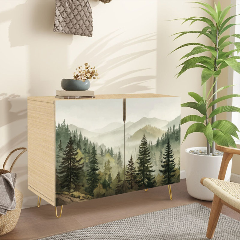 Buffet buffet avec rangement Aquarelle pin serein avec 2 portes pour le salon et la cuisine