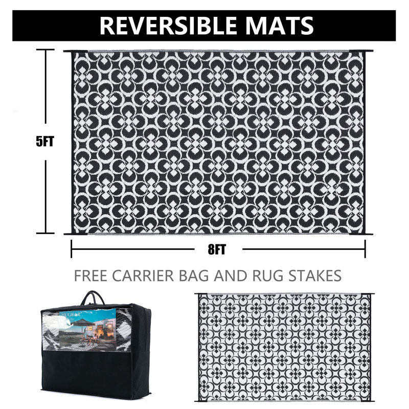 Tapis extérieur géométrique à motif floral, Noir, Rectangle de 5 pi x 8 pi
