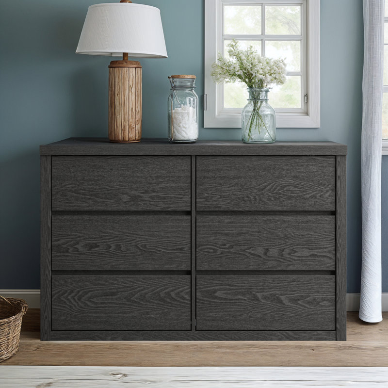 Brannick 46.5" W Handleless 6-Drawer Double Dresser, Dark Gray Oak