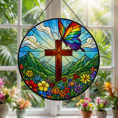 7.8"H Cross Butterfly Stained Glass Window Panel