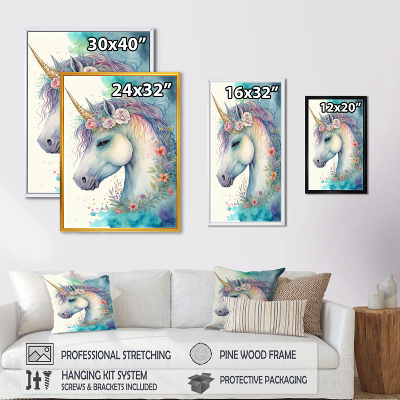 Adorable licorne pastel entourée de fleurs II - reproduction sur toile, H 40 po x l 30 po x P 1,5 po