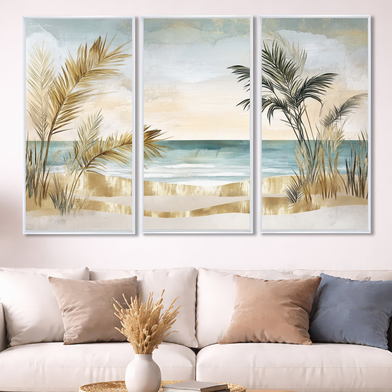 Palmier sur toile, plage tropicale - ensemble d'art mural encadré 3 pièces Jamil, H 40 po x l 60 po, Cadre flottant blanc