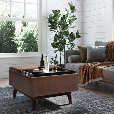 Owen 34"W Small Upholstered Coffee Table Storage Ottoman with Flip-Over Tray Top and Solid Wood Legs