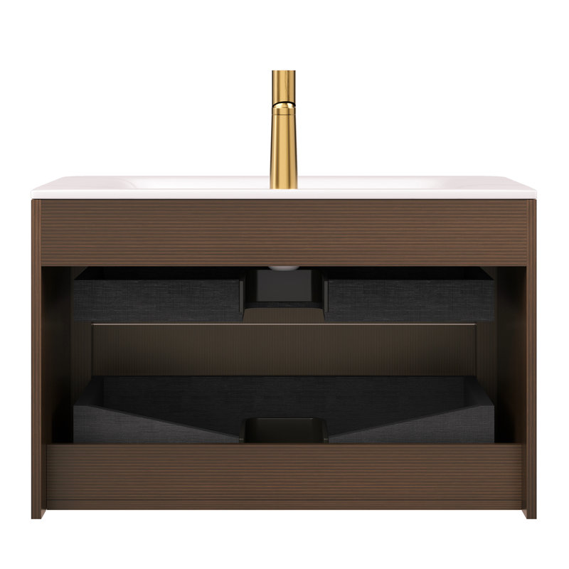 Meuble-lavabo flottant 30 po avec lavabo et tiroirs en pierre frittée Patricia, Walnut, 30"