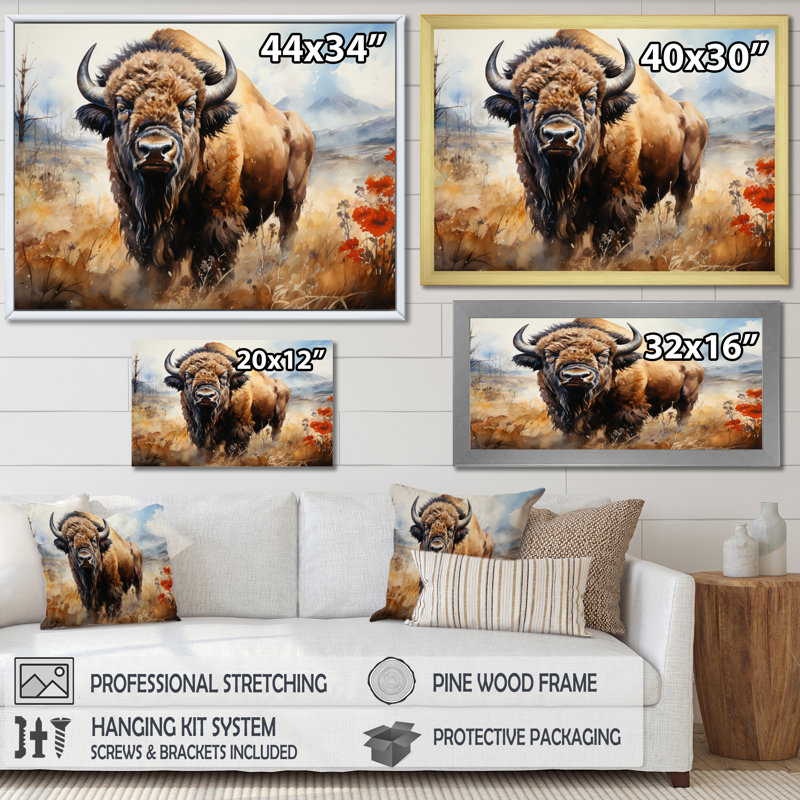 " Brown Prairies Bisons Domain ", Gold Single Picture Framed, 16" H x 32" W x 1" D