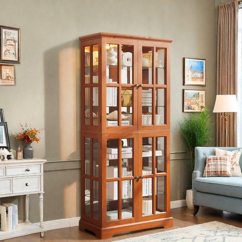 Antique Display Cabinet With 4 Glass Doors, Adjustable Shelves, Metal Embossed Handles And Integrated Lighting, Oak