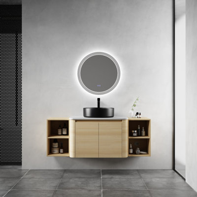 Meuble-lavabo de 137 cm avec lavabo en céramique décorative, 2 tablettes de rangement, portes à fermeture amortie, base en contreplaqué, résistant à l'eau, facile d'entretien