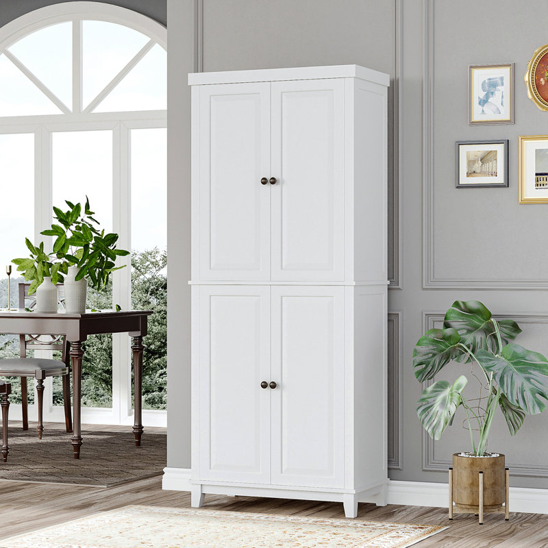 Armoire de rangement de 72,5 po de hauteur, armoire de cuisine autoportante avec 4 portes et tablettes réglables pour la salle à manger, blanc vieilli