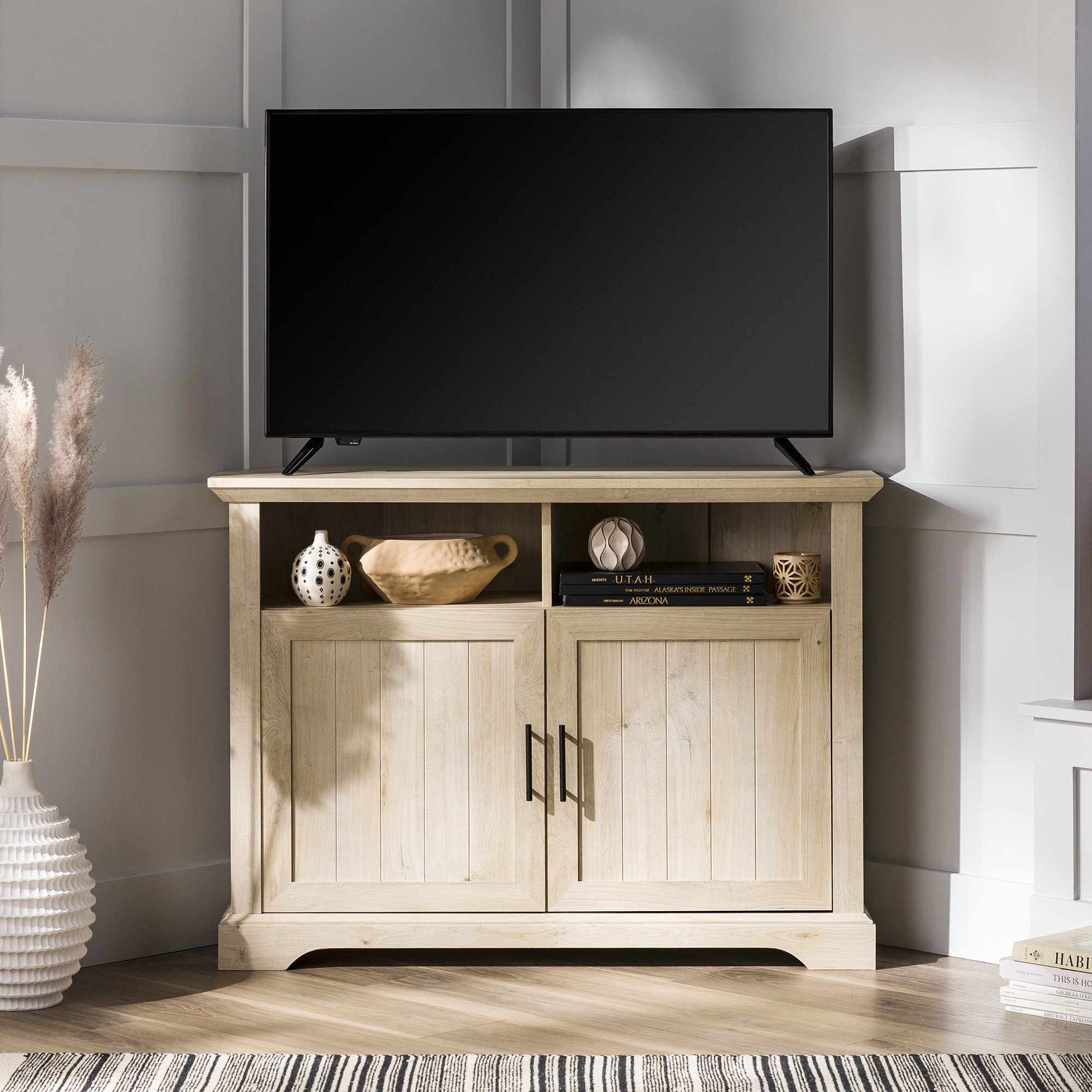 Red Barrel Studio Rahzel 44 2 Door Corner TV Stand for TVs up to 50 Wayfair TV Stands Entertainment Centers