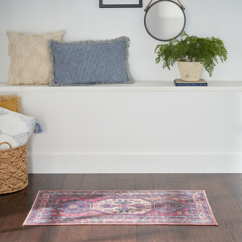 Machine Washable Southwestern Navy/Muted Red/Beige Area Rug, Runner 2' x 6'
