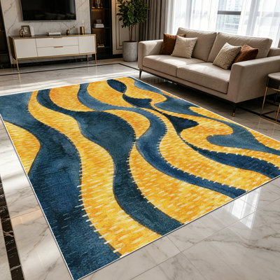 1PC Abstract Wavy Navy Blue & Mustard Yellow Stitched Pattern area rugs for Living Room, Soft and Comfortable, Suitable for all seasons, easy-to-maintain, machine washable Indoor floor mat, Under Table Farmhouse suitable for dining room, bedroom,