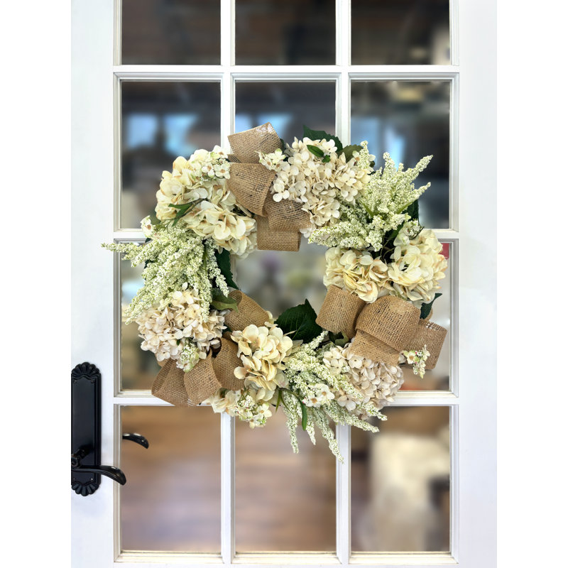 Hydrangea and Heather Wreath with Burlap Bows