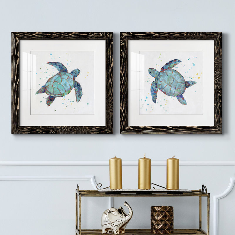 Bulle bleue tortue I - ensemble de 2 reproductions d'art, H 20 po x l 40 po x P 1,5 po, Papier encadré noir