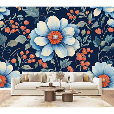 Papier peint adhésif bleu, blanc, floral, orange, marine foncé, 69 po x l 96 po, papier peint amovible en PVC, adhésif pour chambre à coucher, bureau à domicile