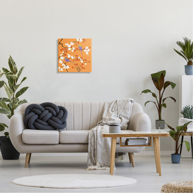 «Parakeets on Orange» par Evelia Designs - impression sur toile tendue, H 17 po x l 17 po x P 1,5 po