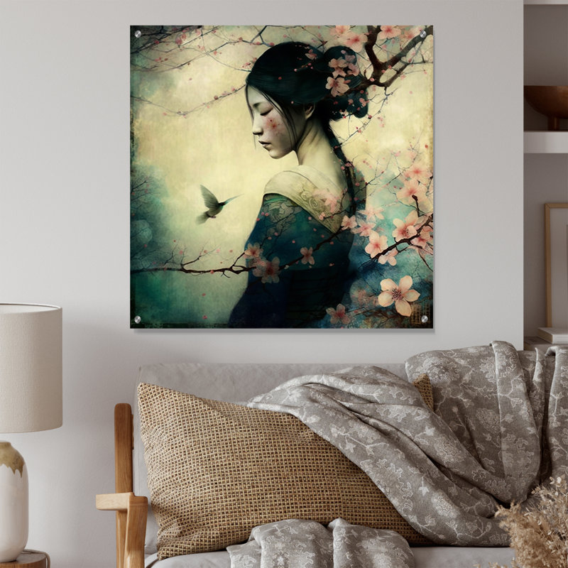 Femme japonaise rétro avec fleurs de cerisier, H 16 po x l 16 po