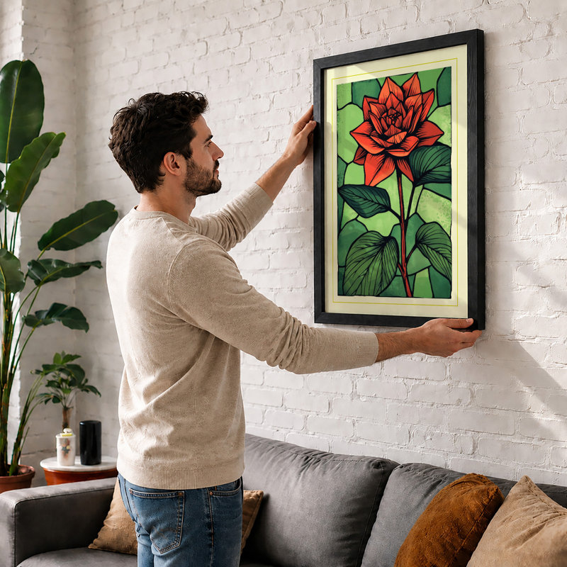 Red Lotus in Green Botanical - Framed Print, A4 - 29.7 x 21.0 cm, White