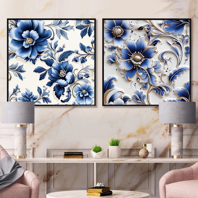 Victorian Cobalt Mosaics, Cadre flottant noir, H 30 po x l 61 po