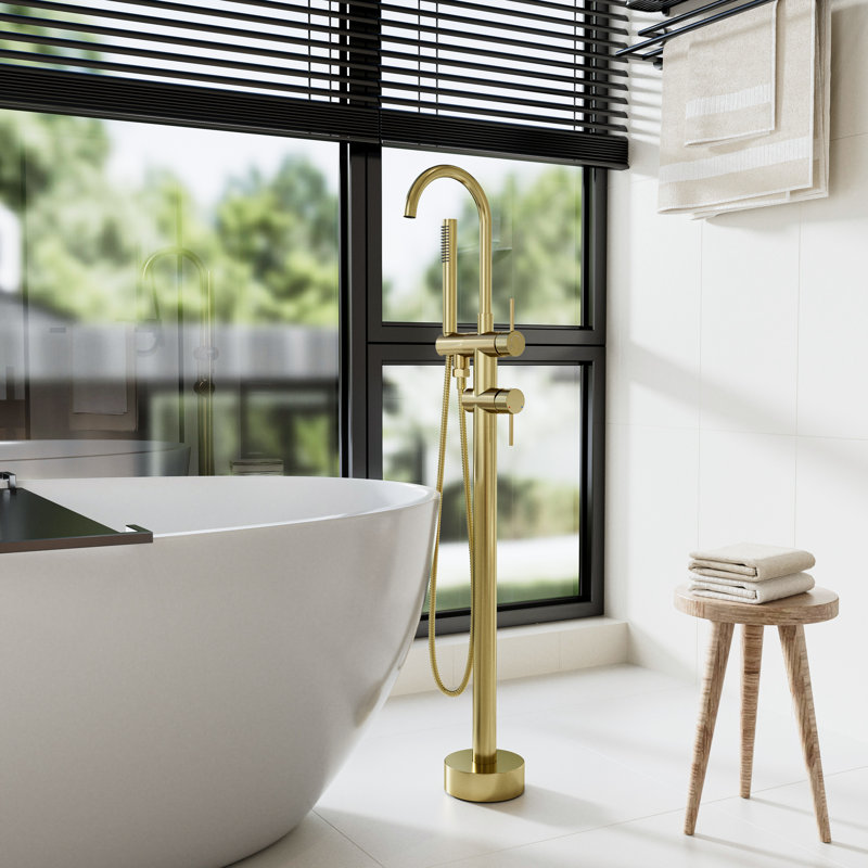 Freestanding Tub Faucet With Handheld Shower, Floor Mount Bathtub Filler In 304 Stainless Steel With 360° Swivel Spout, CUPC Ceramic Valve