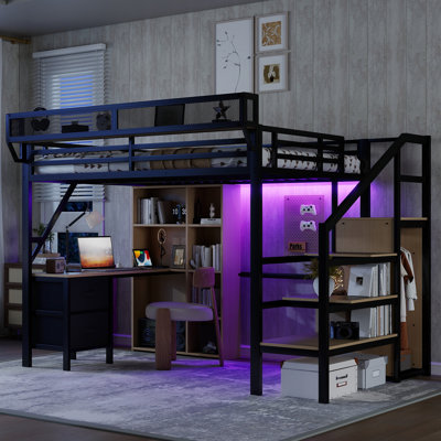 Full Size Metal Loft Bed with Desk, Charging Station, Wardrobe, Storage Shelves, LED Lights, Staircase, Black