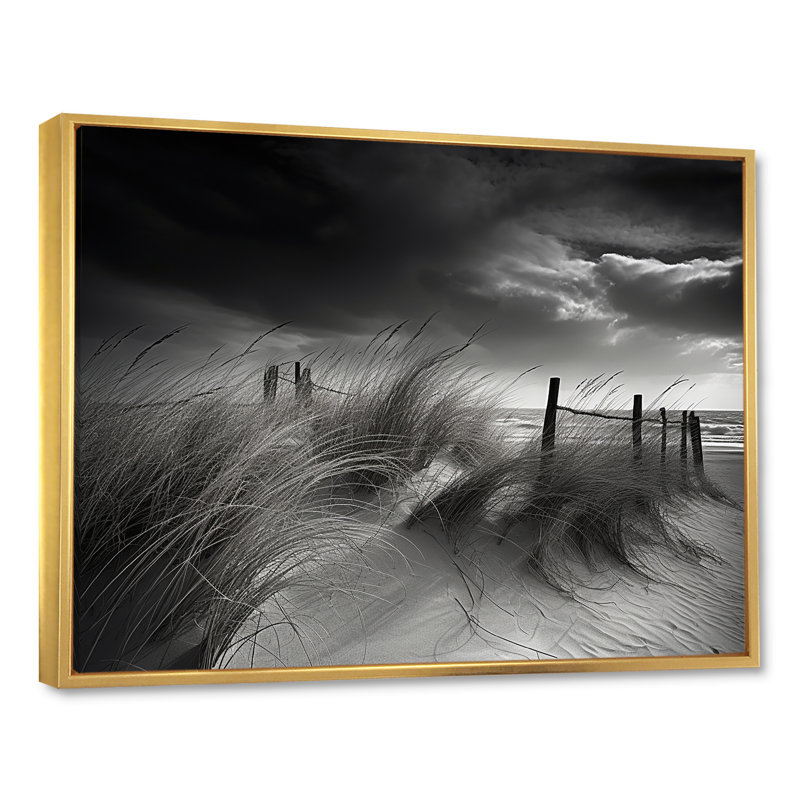 «Black and White Beach Scenery I - Coastal Beach», art mural encadré, H 24 po x l 32 po x P 1 po, Cadre flottant doré