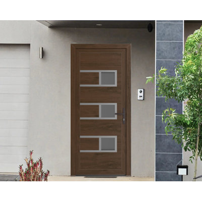 Front Exterior Prehung Metal-Plastic | Manux 8933 Walnut | Office Commercial and Residential Doors Entrance Patio Garage W32" x H80" Left hand Inswing