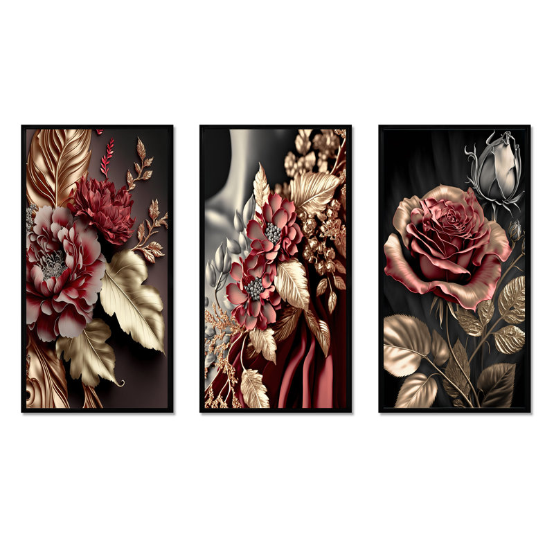 «Vintage Glam Rose», 3 pièces sur toile, H 32 po x l 48 po, Cadre flottant noir