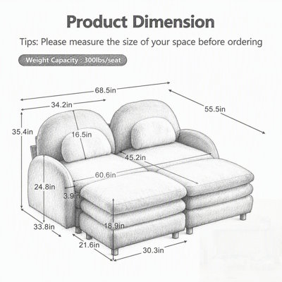 Canapé 2 places en tissu Teddy effet nuage avec dossier et accoudoirs incurvés, canapé d'angle modulaire avec poufs amovibles et coussin double couche