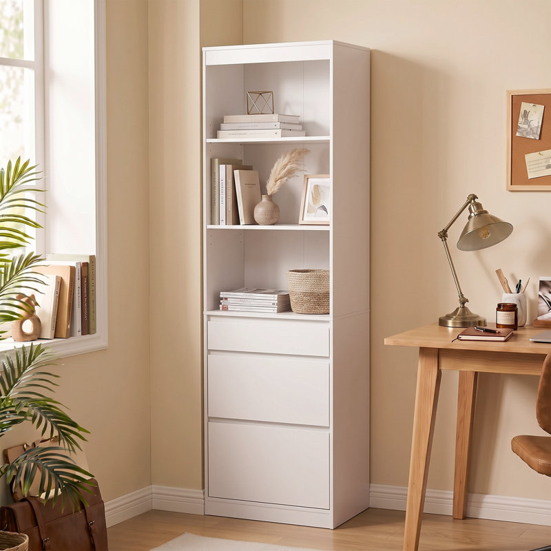 Bookcase with Drawers Narrow Storage Adjustable Shelves White